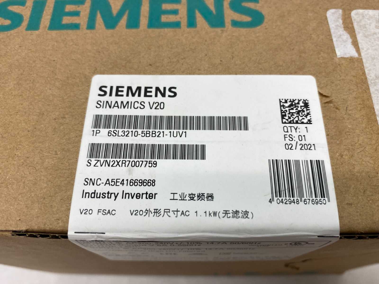 Siemens 6SL3210-5BB21-1UV1 SINAMICS V20 Converter Industry Inverter 1AC 230V - Maverick Industrial Sales