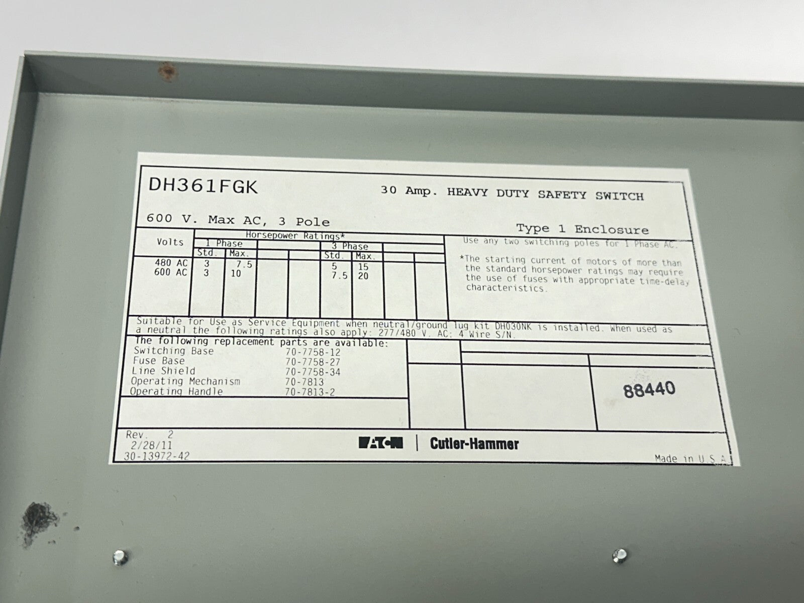 Eaton Cutler Hammer DH361FGK Heavy Duty Safety Switch 30A 600V w/ FRS-R-15 Fuses - Maverick Industrial Sales