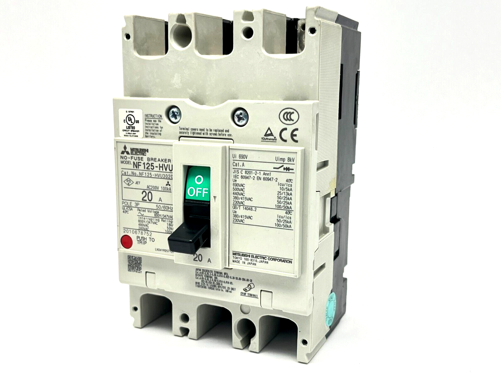 Mitsubishi NF125-HVU3P20A Molded Case No-Fuse Circuit Breaker 20A 600Y/347VAC 3P - Maverick Industrial Sales