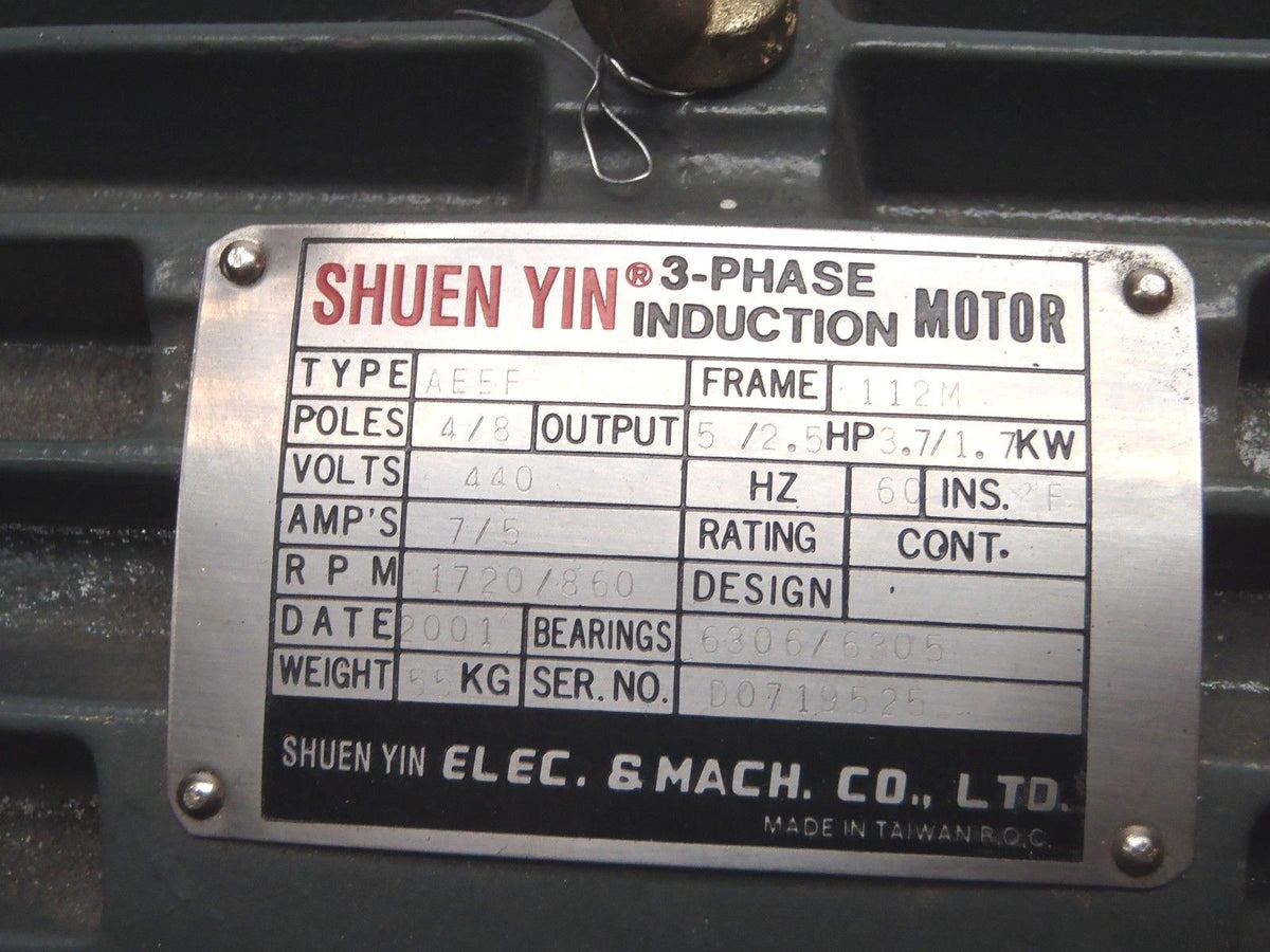 AEEF | Shuen Yin Electric Motor 2.5HP 860RPM 440V 5A 3PH - New - Maverick Industrial Sales