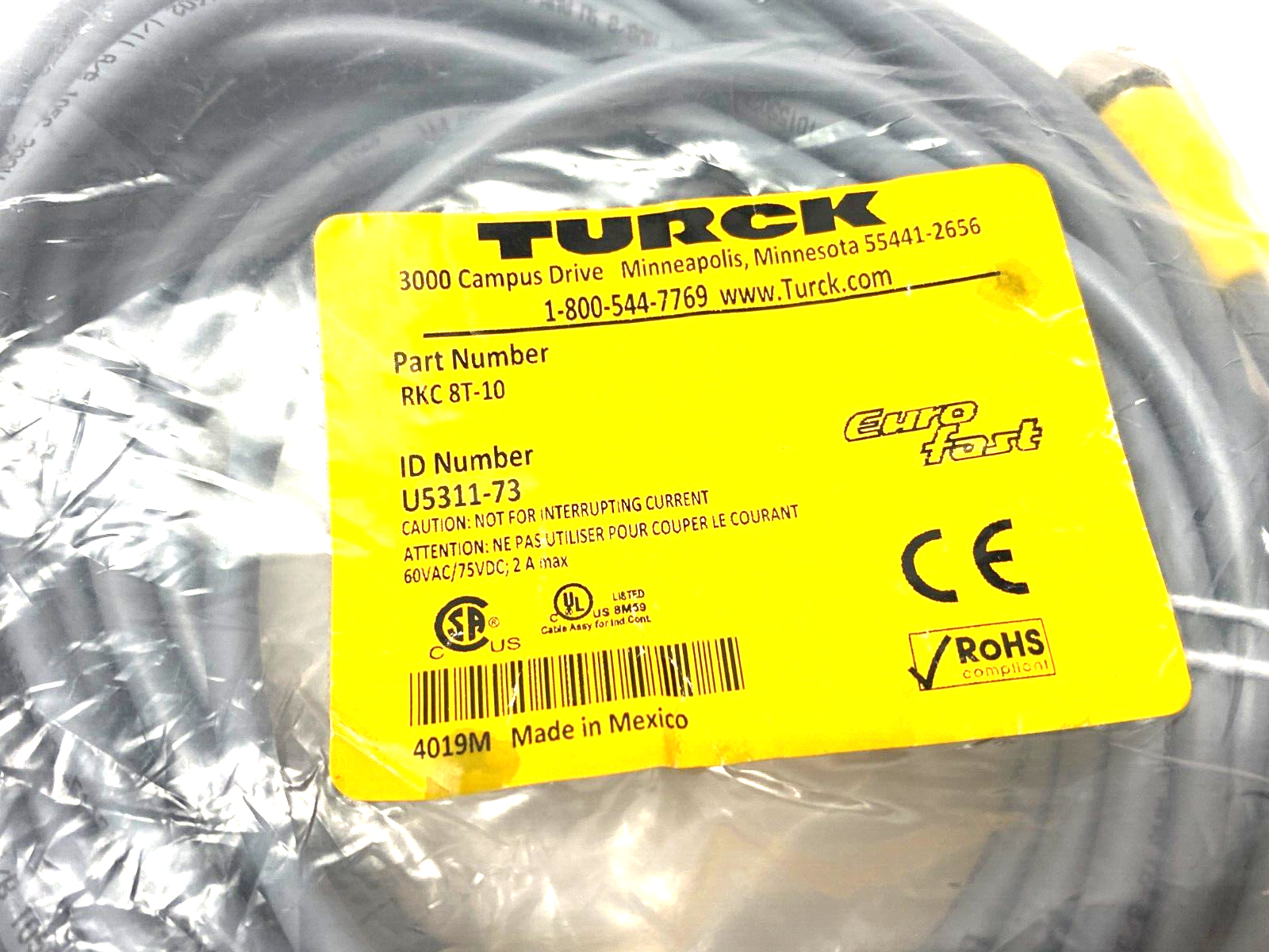 Turck RKC 8T-10 Eurofast Single Ended Cordset M12 8-Pin Female U5311-73 - Maverick Industrial Sales