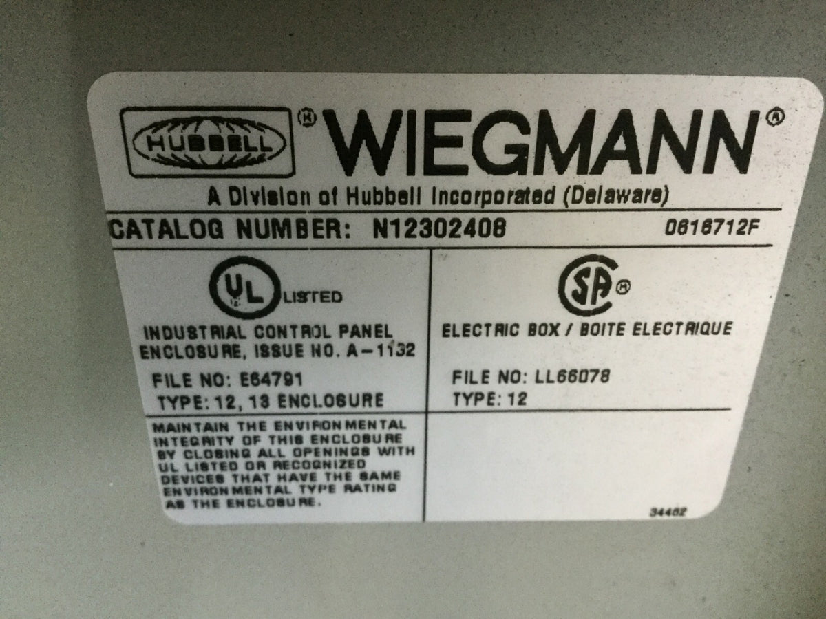 N12302408 | Hubbell Wiegmann Industrial Enclosure 30"x24"x8" w/ Backplate - Used - Maverick Industrial Sales