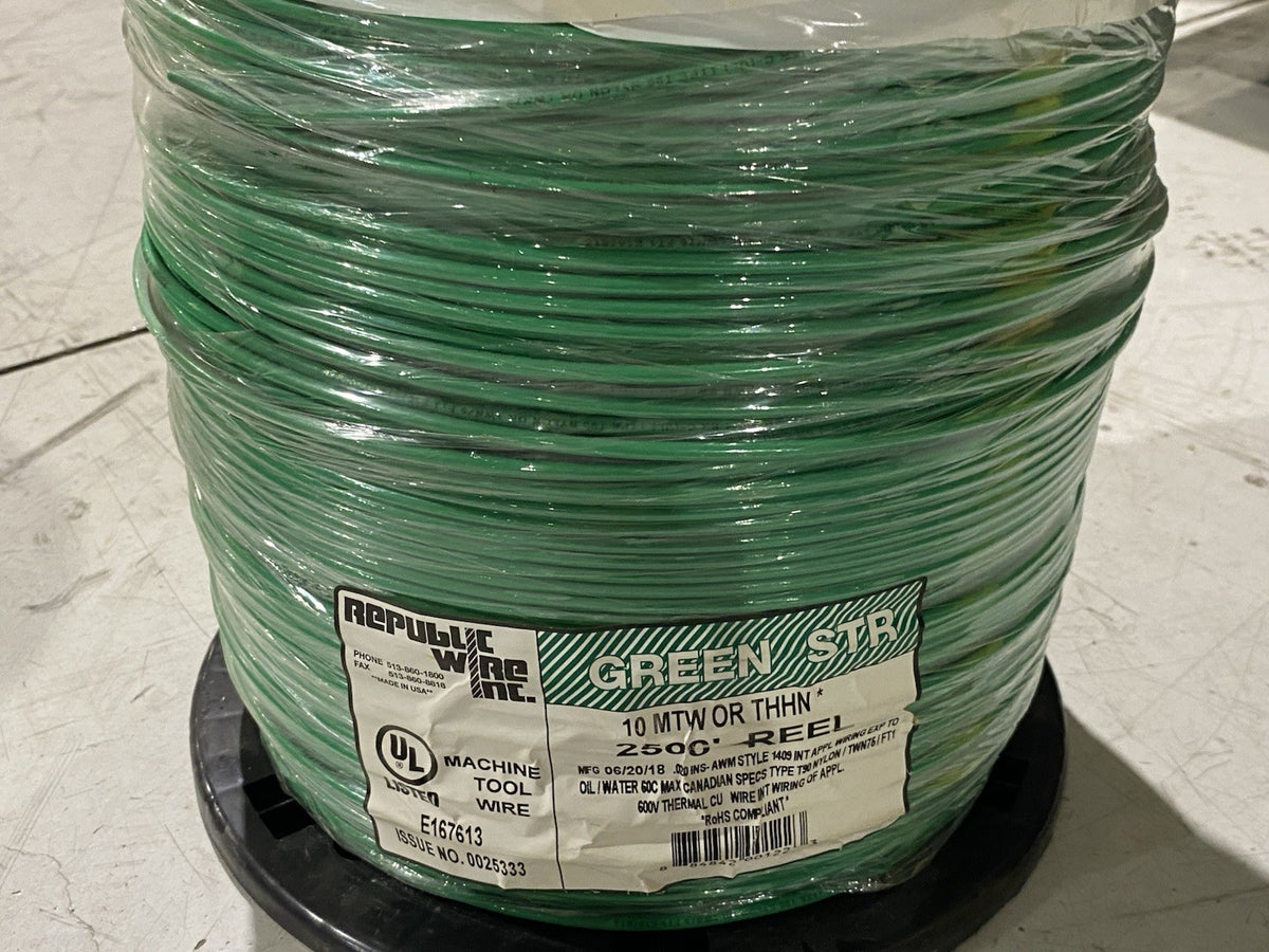 Republic Wire E167613 Sgl-Conductor MTW or THHN 10AWG Green, ROLL OF 2500 FEET - Maverick Industrial Sales