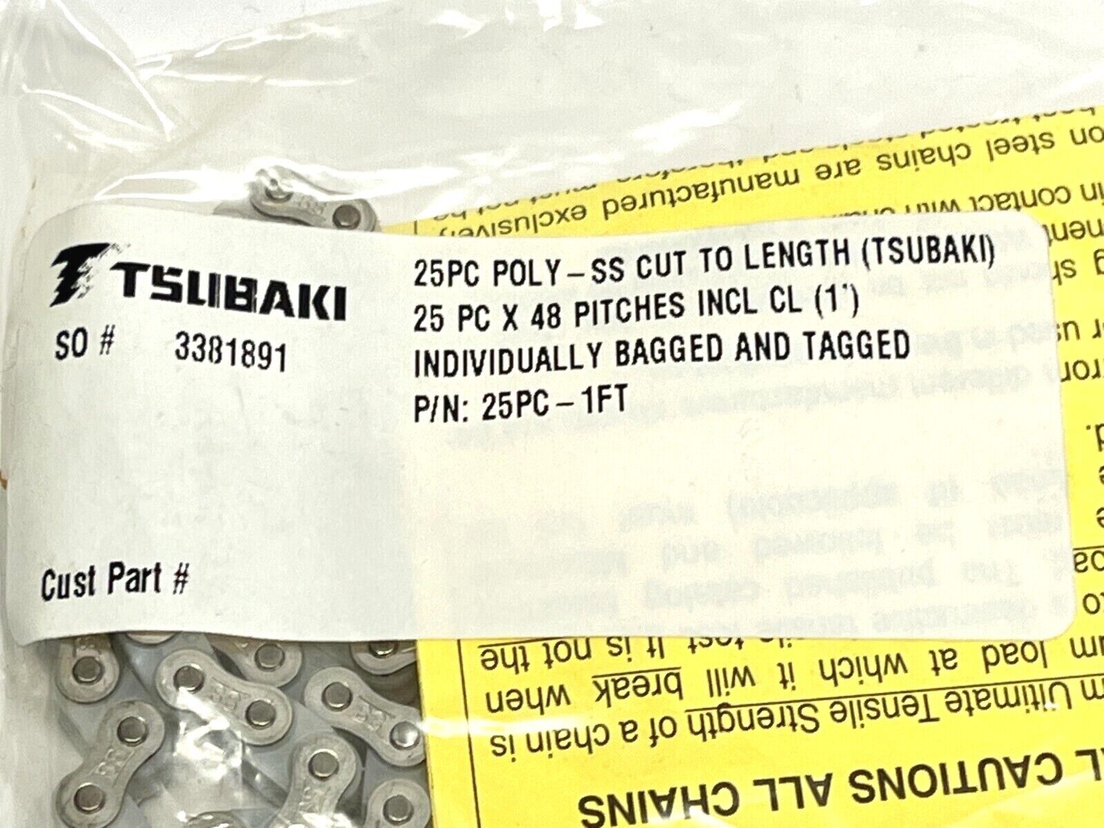 Tsubaki 25PC-1FT 25(PC) Poly-SS Chain 48 PIT INCL C/L - New - Maverick Industrial Sales