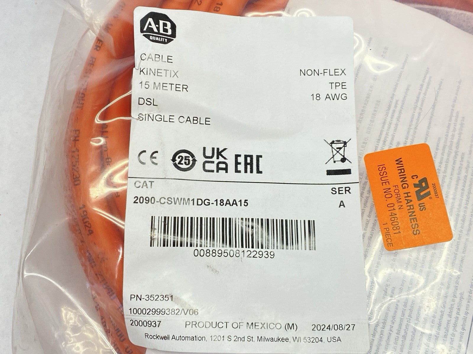 2090-CSWM1DG-18AA15 | Allen Bradley Ser A Kinetix DSL Single Power Cable 15m - New - Maverick Industrial Sales