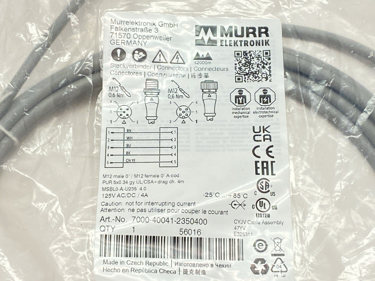 Murr Elektronik 7000-40041-2350400 Sensor Actuator Cordset F/M M12 5-Pin 4m - Maverick Industrial Sales