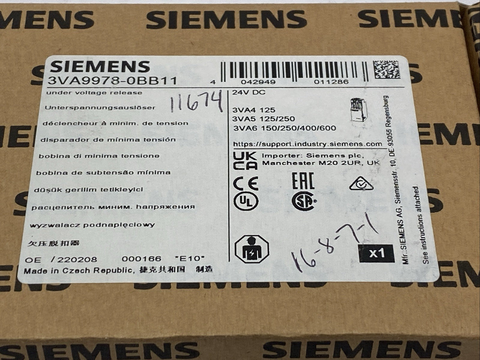 Siemens 3VA9978-0BB11 Circuit Breaker Under Voltage Release 24VDC - Maverick Industrial Sales
