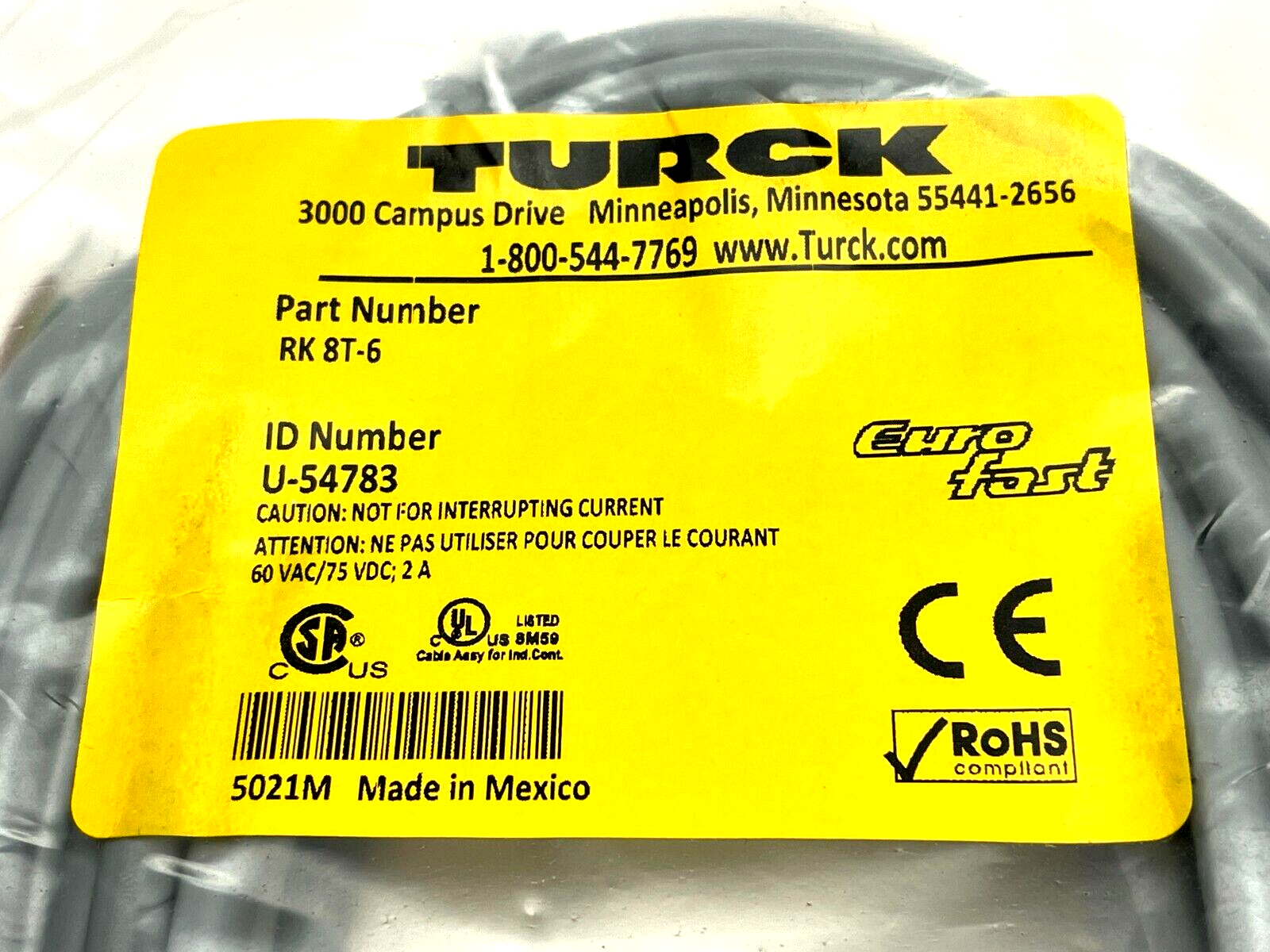 Turck RK 8T-6 Single-Ended Cordset Female 8-Pin Connector 6m Length - Maverick Industrial Sales