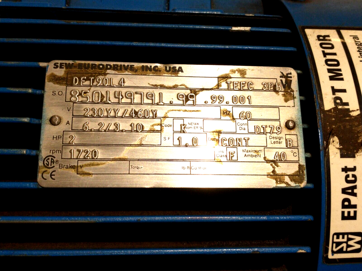 DFT90L4, R77DT90L4 | SEW DFT90L4 Motor 2HP 1720RPM DT79 3PH w/ R77DT90L4 Gear Reducer 81.80 Ratio - Used - Maverick Industrial Sales