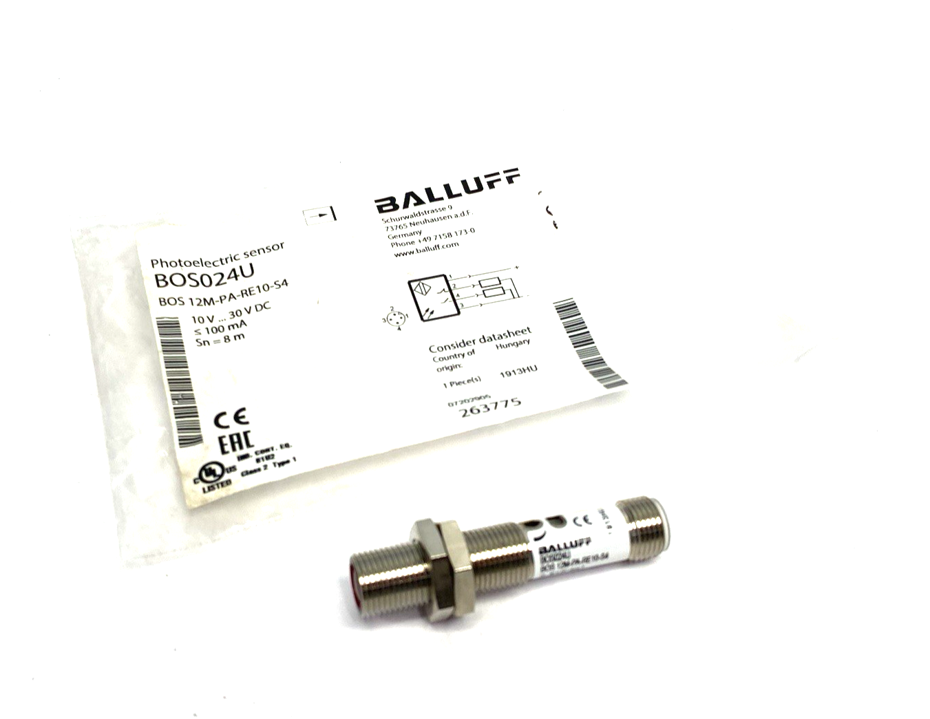 BOS024U | Balluff Through-beam Photoelectric Sensor Cylindrical BOS 12M-PA-RE10-S4 - New – Open box - Maverick Industrial Sales