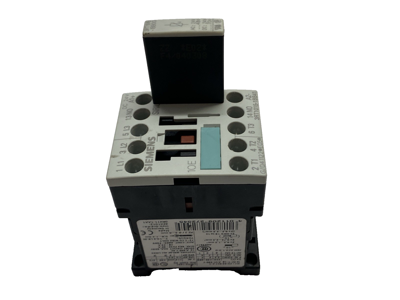 Siemens 3RT1015-1BB41 IEC Contactor w/ 3RT1915-1BB00 Varistor 24VDC - Maverick Industrial Sales