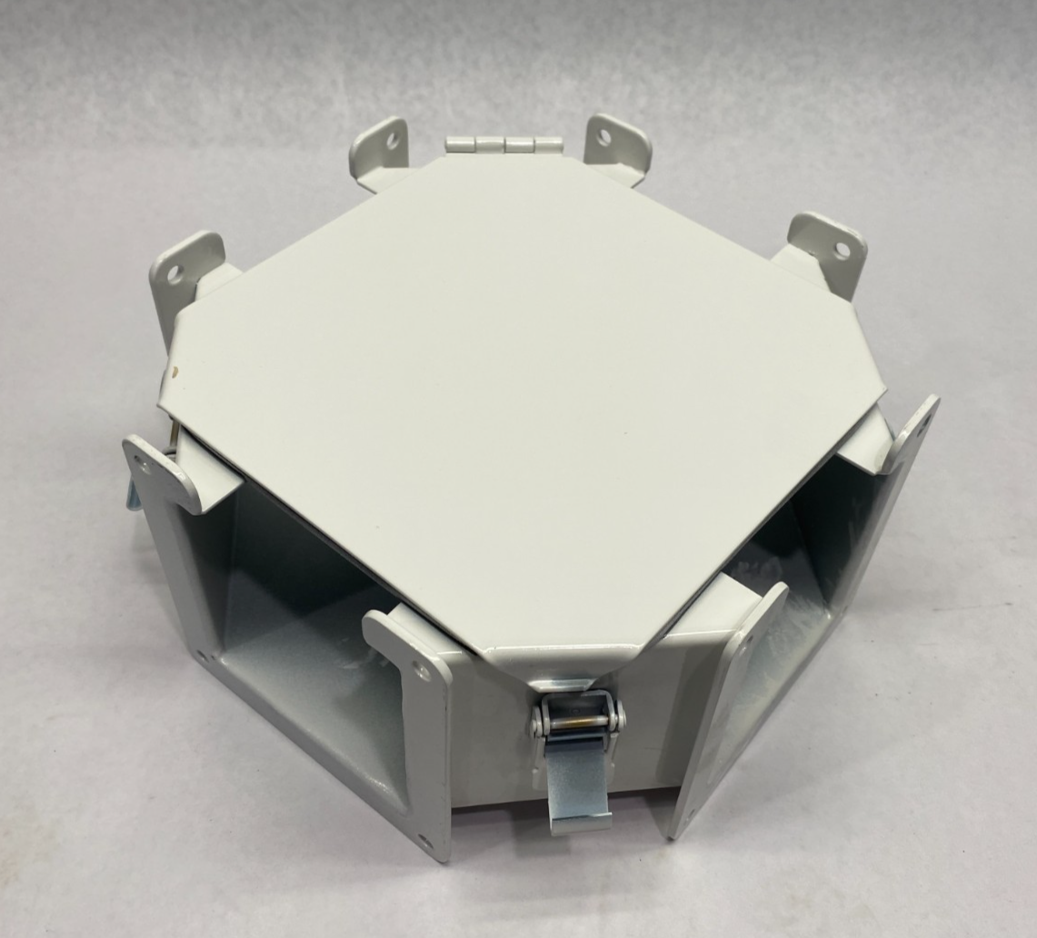 F44LC | Hoffman nVent Lay-in Hinged Cover Cross Fitting 4" x 4" PAINTED WHITE - New – Open box - Maverick Industrial Sales