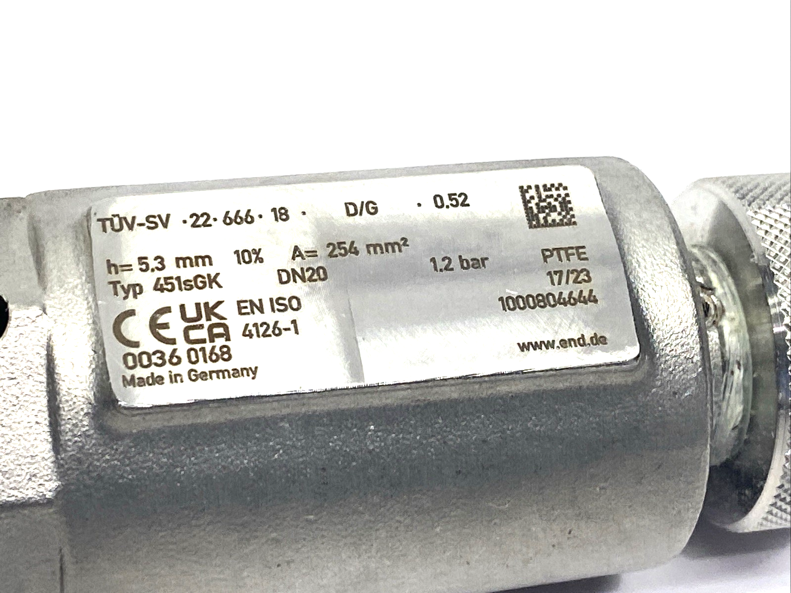 END TUV-SV.22.666.18 Safety Valve Typ 451sGK DN20 1.2 bar 202212-007 5026 - Maverick Industrial Sales