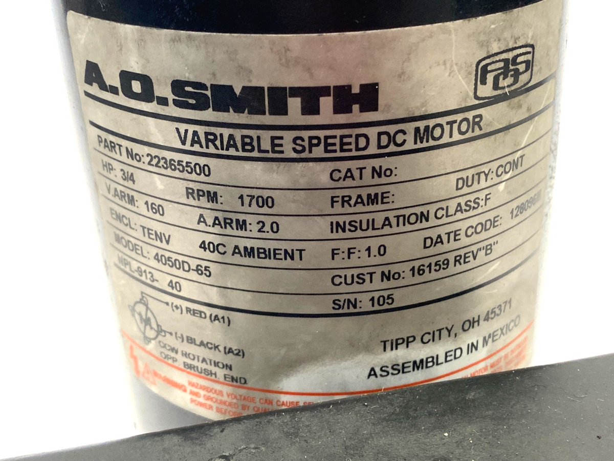22365500 | A.O. Smith Variable Speed DC Motor 1700RPM 3/4HP 4050D-65 - Used - Maverick Industrial Sales