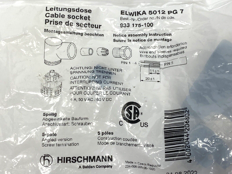 Hirschmann ELWIKA 5012 PG 7 Black M12 Right Angle Female Connector 933 175-100 - Maverick Industrial Sales