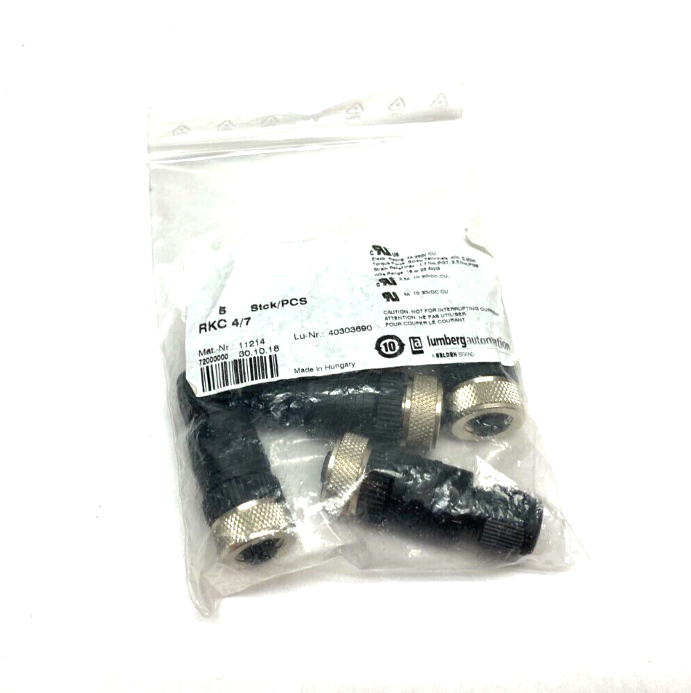 Lumberg Automation RKC 4/7 Field Attachable Connector M12 4-Pin 11214 PKG OF 5 - Maverick Industrial Sales