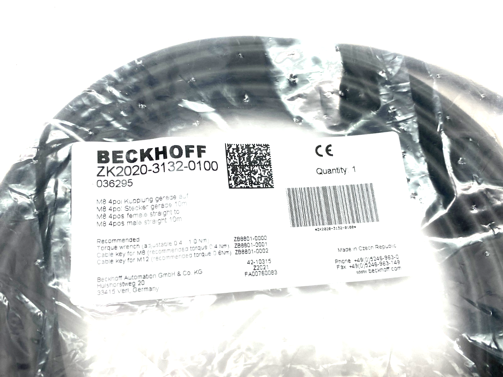 Beckhoff ZK2020-3132-0100 Double Ended Power Cable M8 4-Pin 10m 036295 - Maverick Industrial Sales