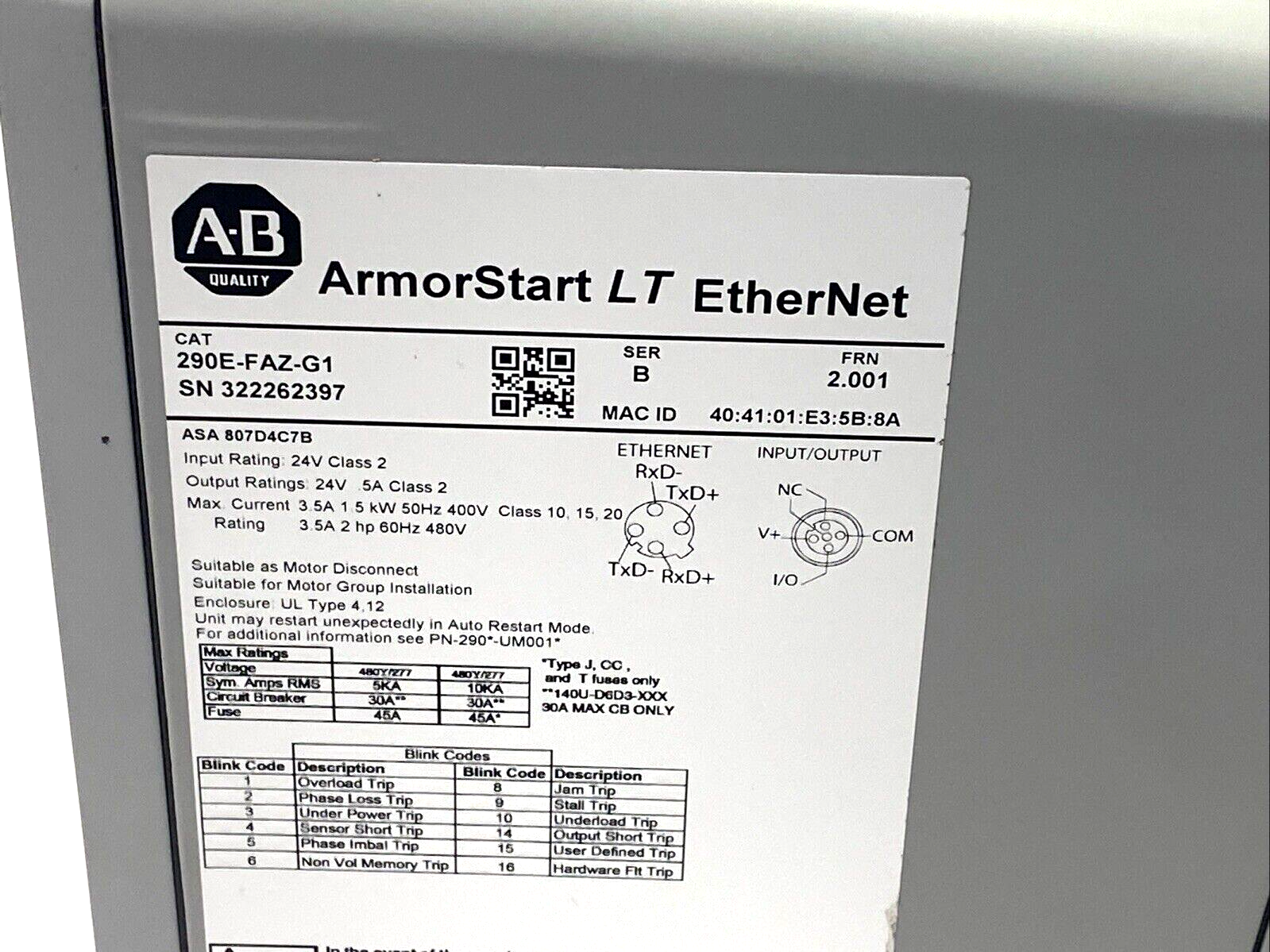 Allen Bradley 290E-FAZ-G1 Ser. B ArmorStart LT Direct Online Starter - Maverick Industrial Sales