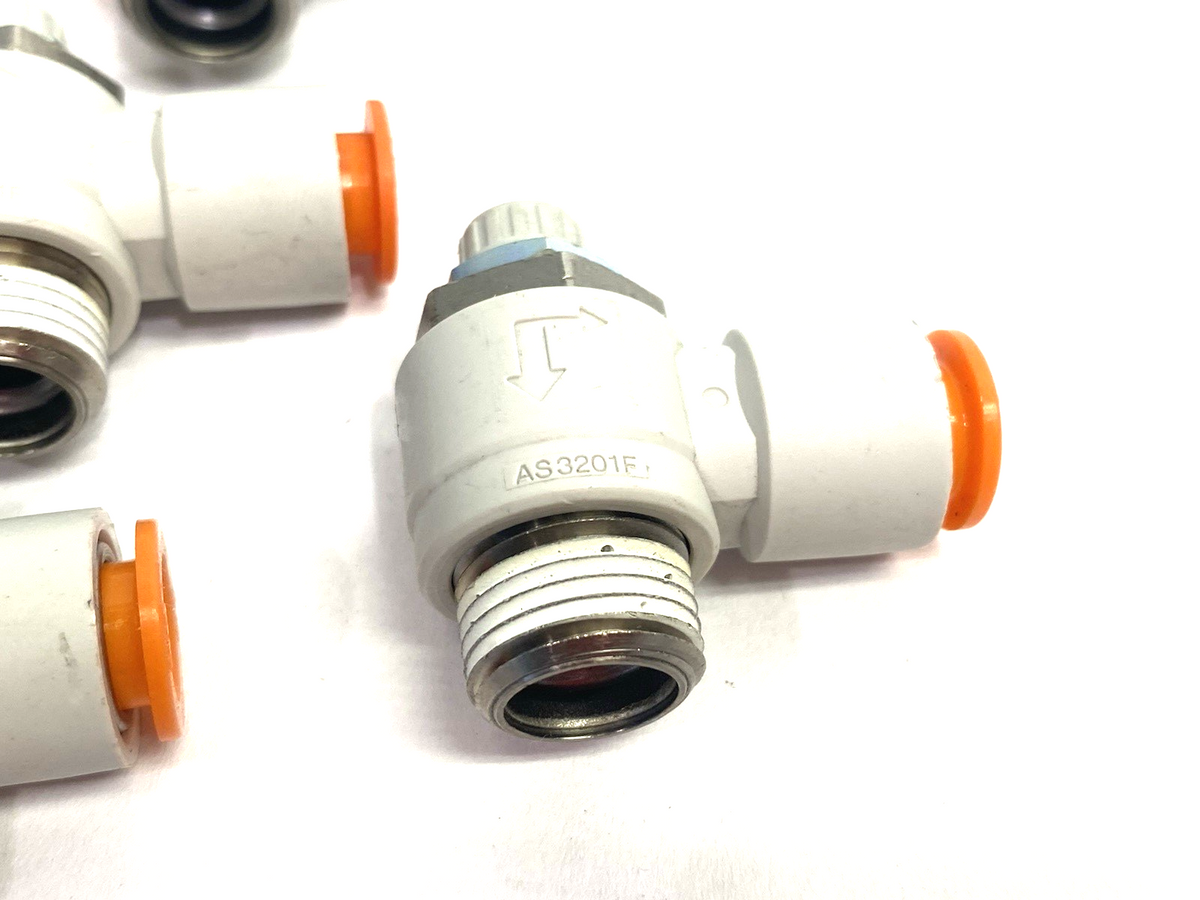 SMC AS3201F-N03-11 Pneumatic Flow Control Elbow Fitting 3/8" Tube OD, LOT OF 7 - Maverick Industrial Sales