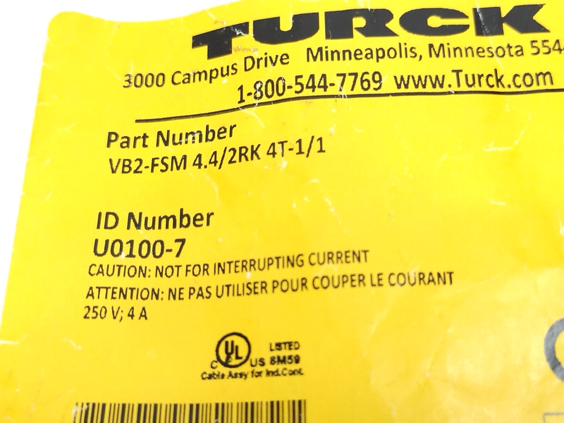 Turck VB2-FSM 4.4/2RK 4T-1/1 Daisy Chain 2-Branch Splitter M12 4-Pin 1m U0100-7 - Maverick Industrial Sales