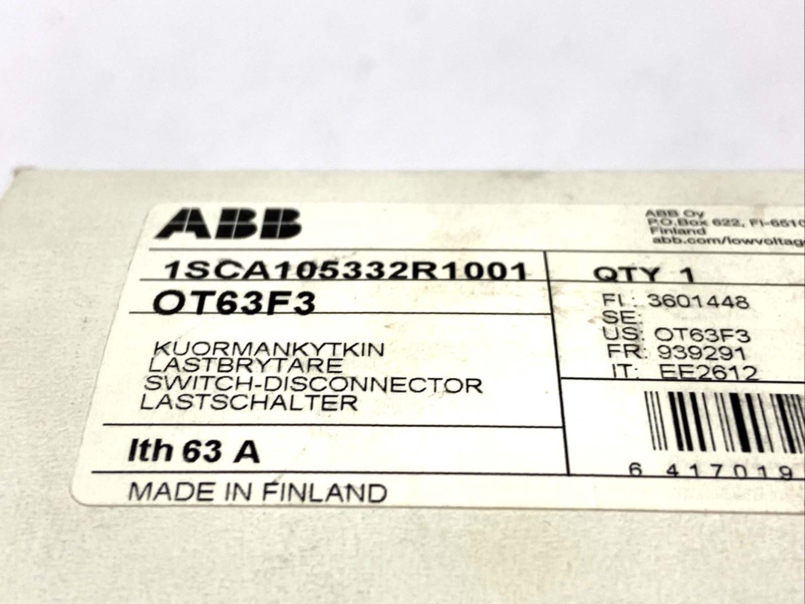 ABB OT63F3 Non-Fused Disconnect Switch 60A 3 Poles 600VAC 1SCA105332R1001 - Maverick Industrial Sales
