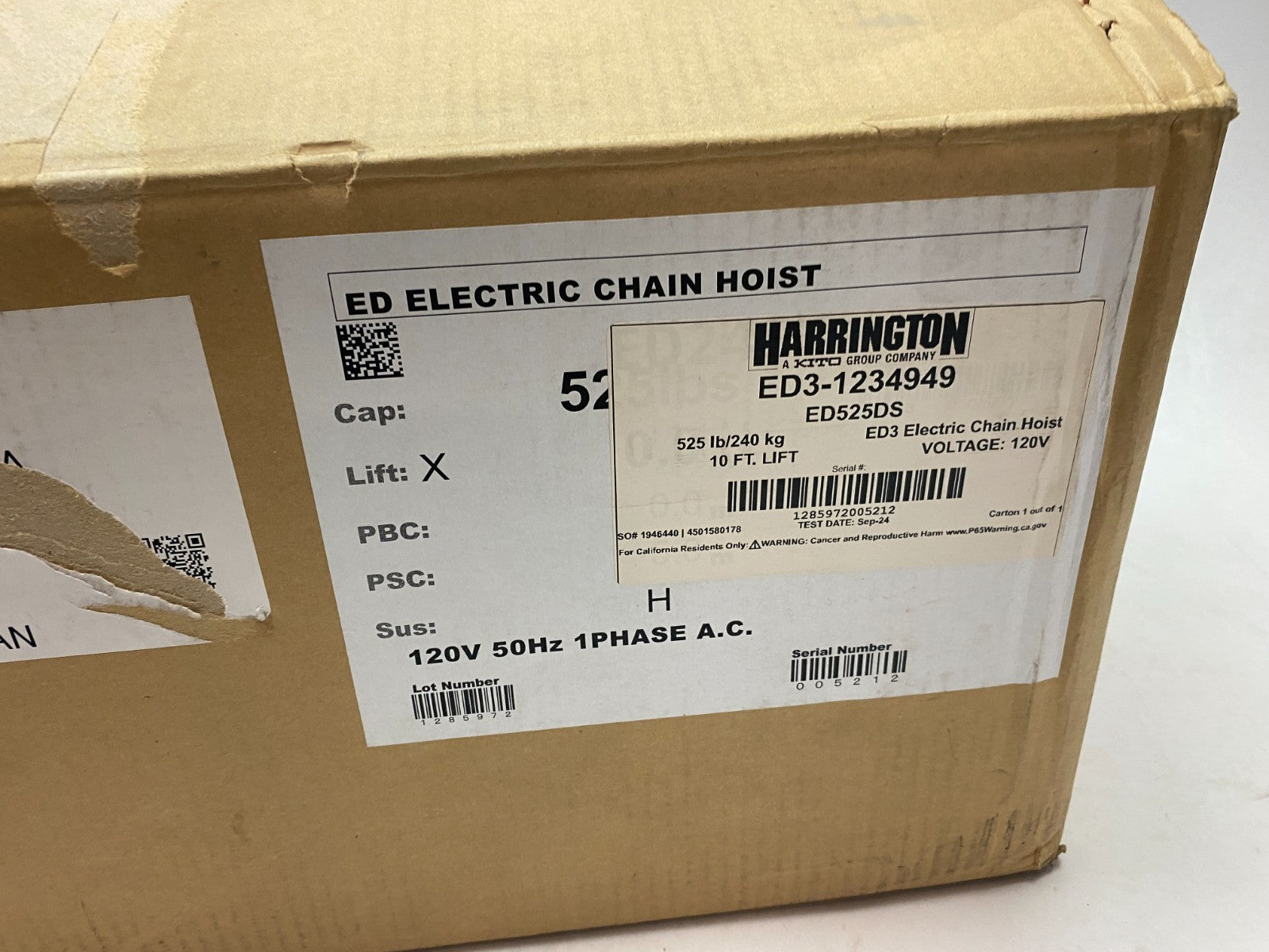 KITO Harrington ED525DS-10 ED3 Electric Chain Hoist 525lbs. 10ft 120V - Maverick Industrial Sales