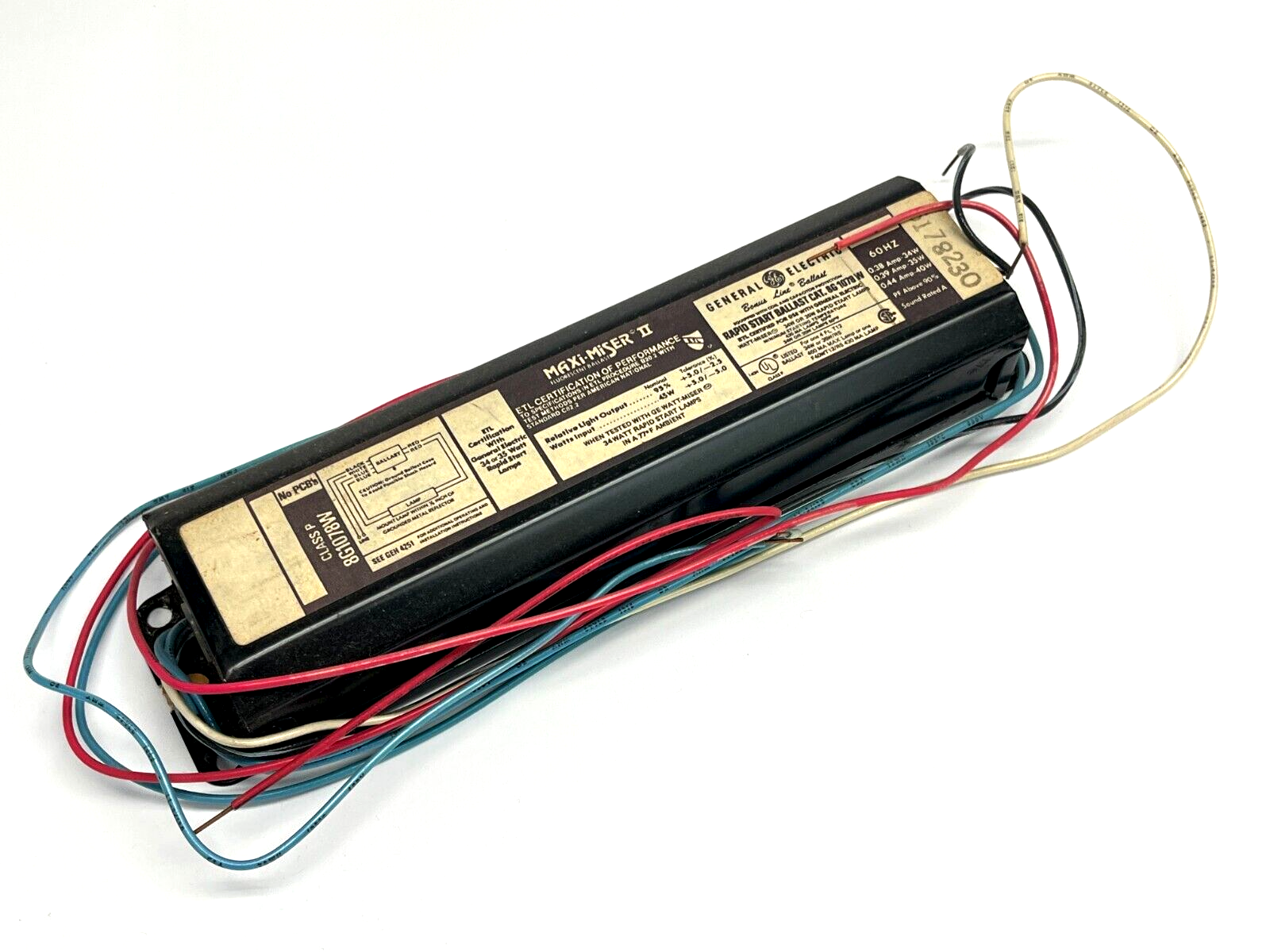 General Electric 8G1078W Maxi-Miser Rapid Start Ballast for F40W12/RS-430MA - Maverick Industrial Sales