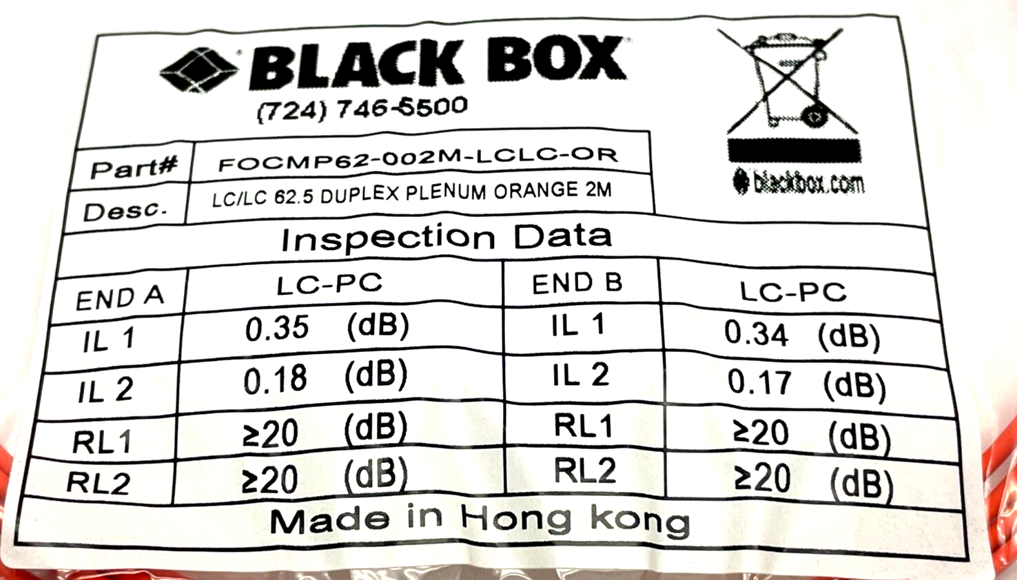 Black Box FOCMP62-002M-LCLC-OR Fiber Patch Cable 2m Length - Maverick Industrial Sales