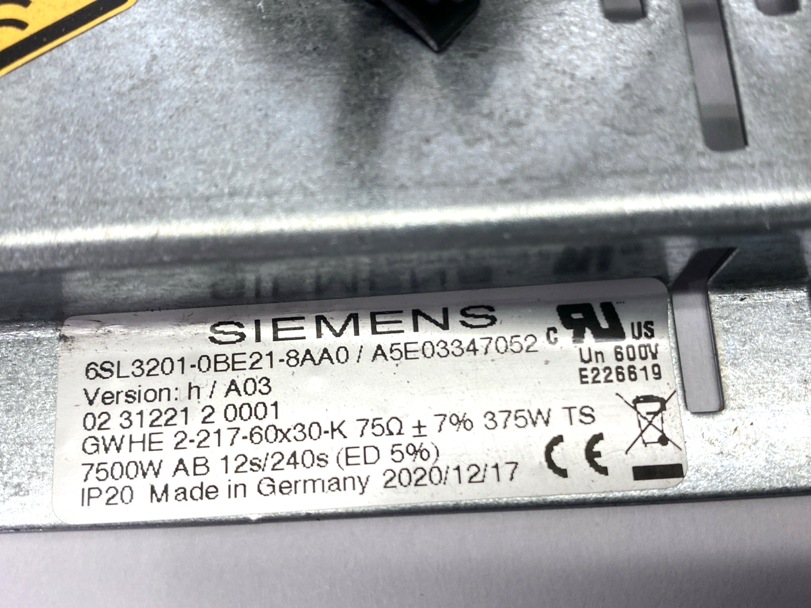 Siemens 6SL3201-0BE21-8AA0 SINAMICS Braking Resistor 75 Ohm 375W 480VAC - Maverick Industrial Sales