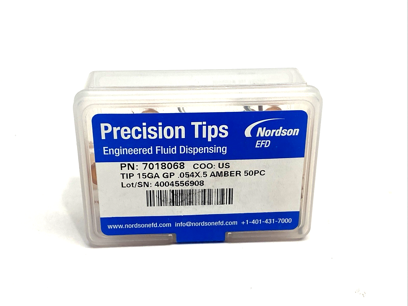Nordson EFD 7018068 Precision Dispense Tip 15GA GP 0.054" x 0.5" Amber BOX OF 50 - Maverick Industrial Sales