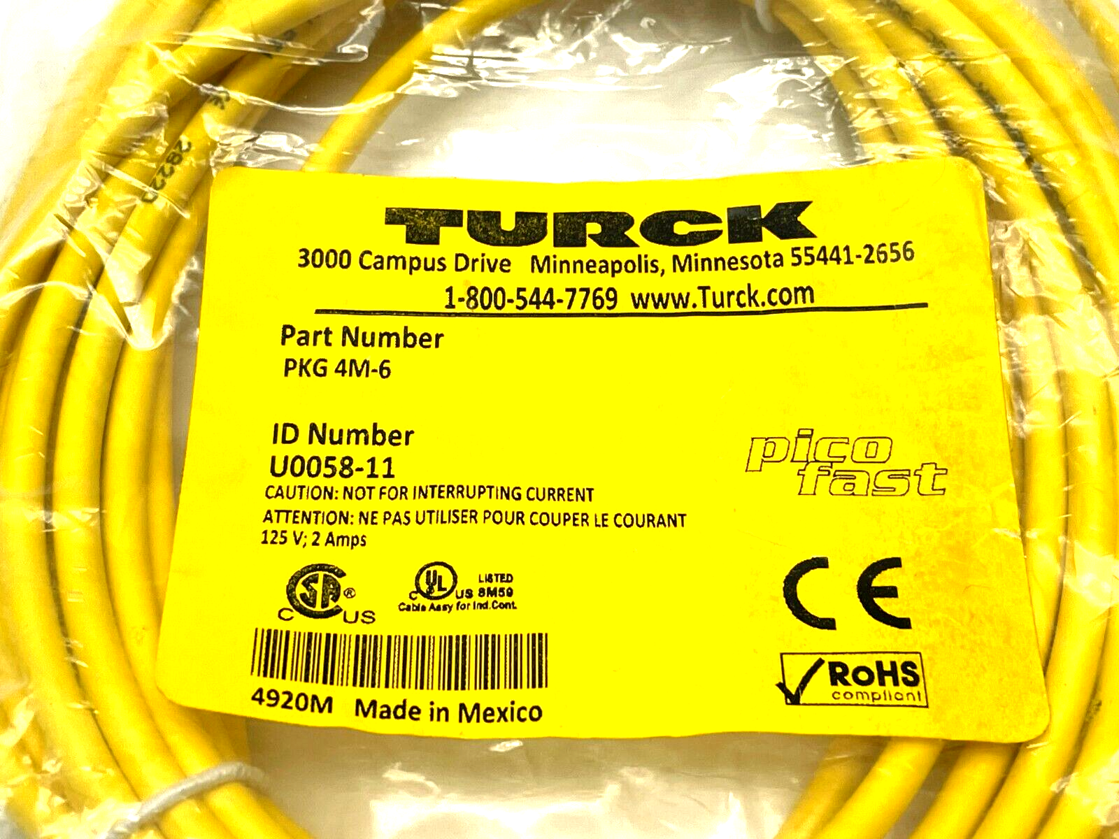 Turck PKG 4M-6 Single Ended Cordset 6m Length U0058-11 - Maverick Industrial Sales