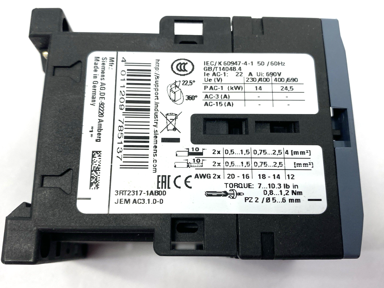 Siemens 3RT2317-1B00 SIRIUS Contactor 4NO 24V 50/60Hz 22A - Maverick Industrial Sales