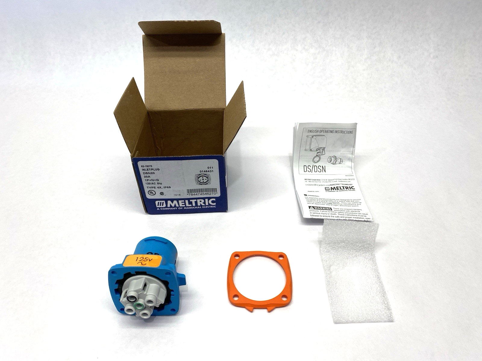 63-18075 | Meltric Male Inlet Plug DSN20 1P+N+G Type 4X & IP69 .75hp 125VAC 20A - New – Open box - Maverick Industrial Sales