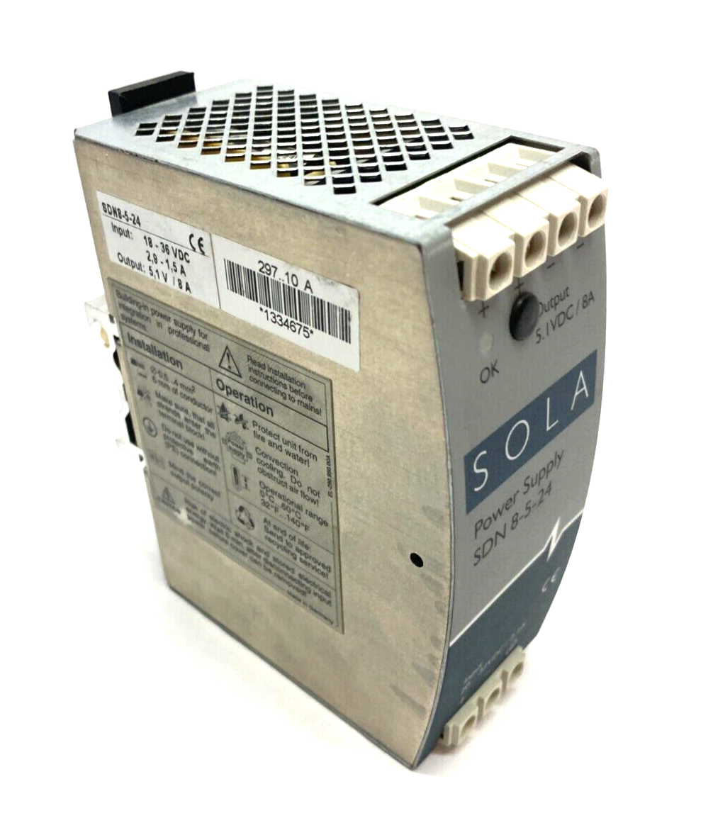 Emerson SOLA SDN8-5-24 Power Supply 18-36VDC 2, 9-1, 5A Input 5, 1V/ 8A Output - Maverick Industrial Sales
