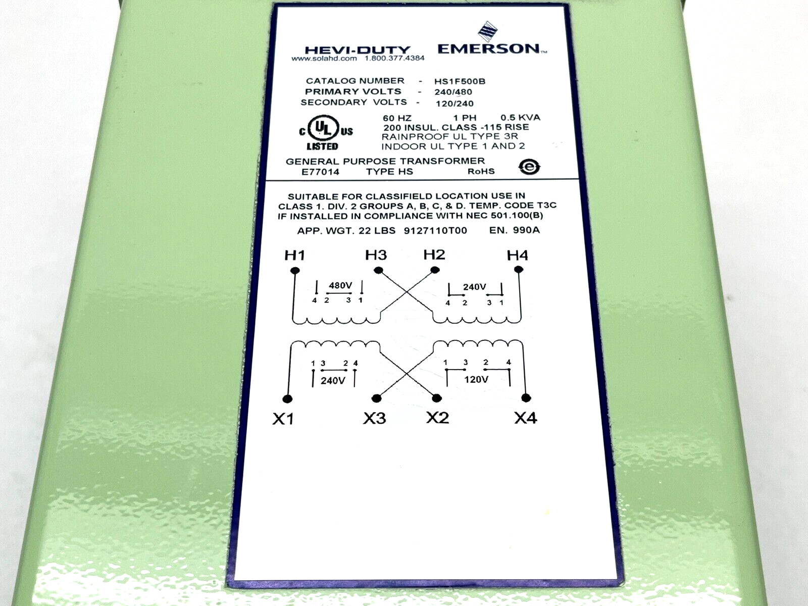 Emerson HS1F500B Type HS Industrial Control Transformer 0.5KVA 240/480V 1PH - Maverick Industrial Sales