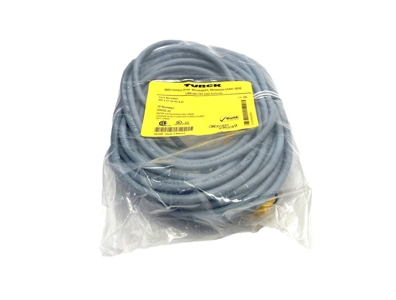 Turck WK 4.4T-10-RS 4.4T Cordset M12 Angle Female To M12 Male 4-Pin 10m U2435-22 - Maverick Industrial Sales