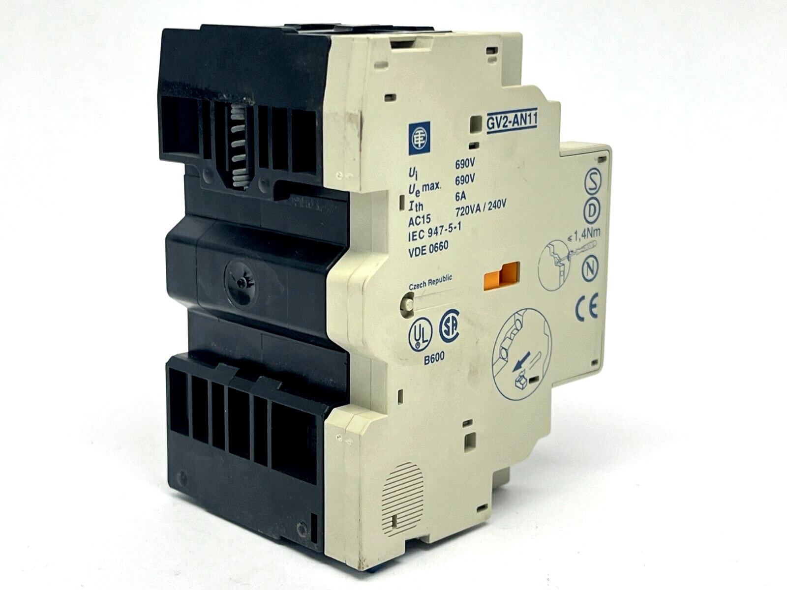 Telemecanique GV2-M06 Motor Circuit Breaker 1-1.6A w/ GV2-AN11 Auxiliary Block - Maverick Industrial Sales