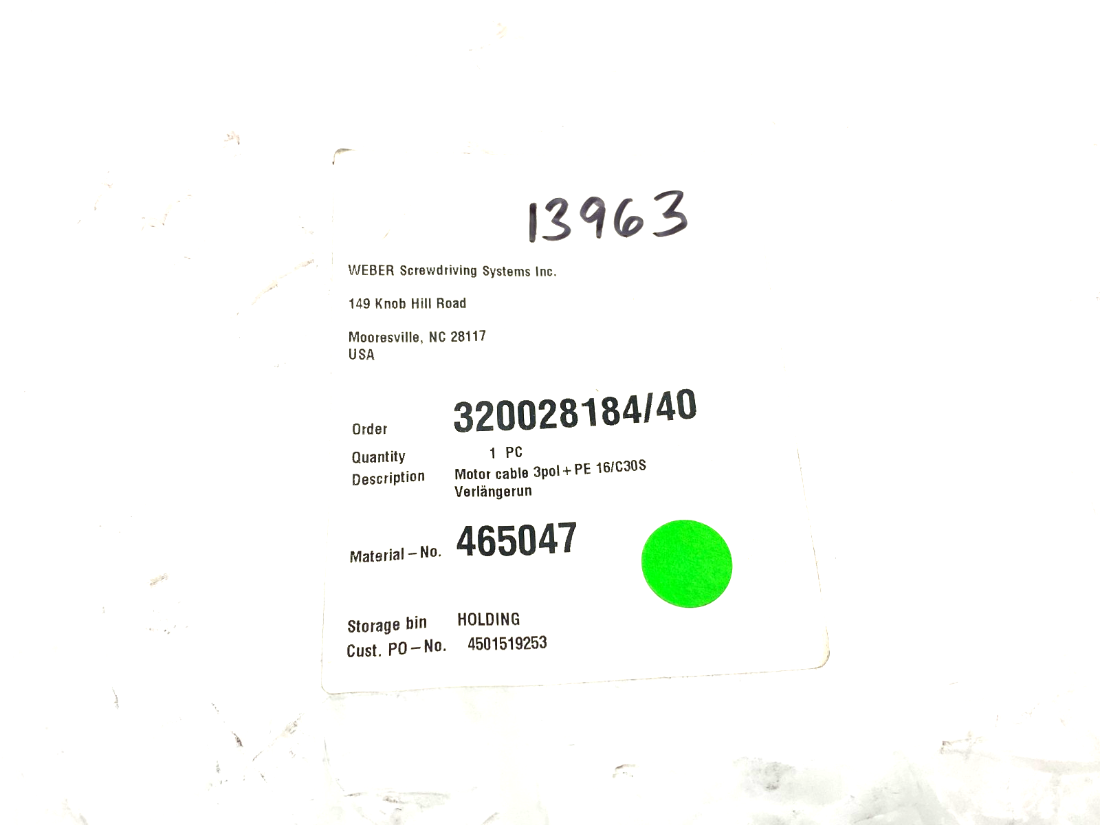 Weber 465047 Motor Connection Cable 3-pol+PE 16/C30S - Maverick Industrial Sales