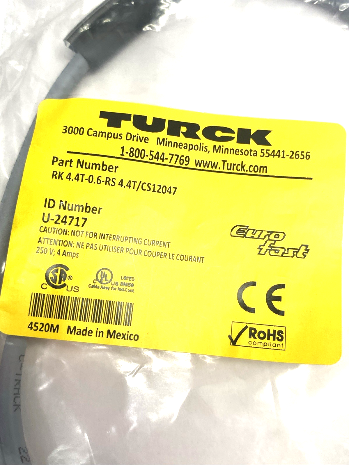 RK 4.4T-0.6-RS 4.4T/CS12047 | Turck Eurofast Double Ended Cordset U-24717 - New - Maverick Industrial Sales