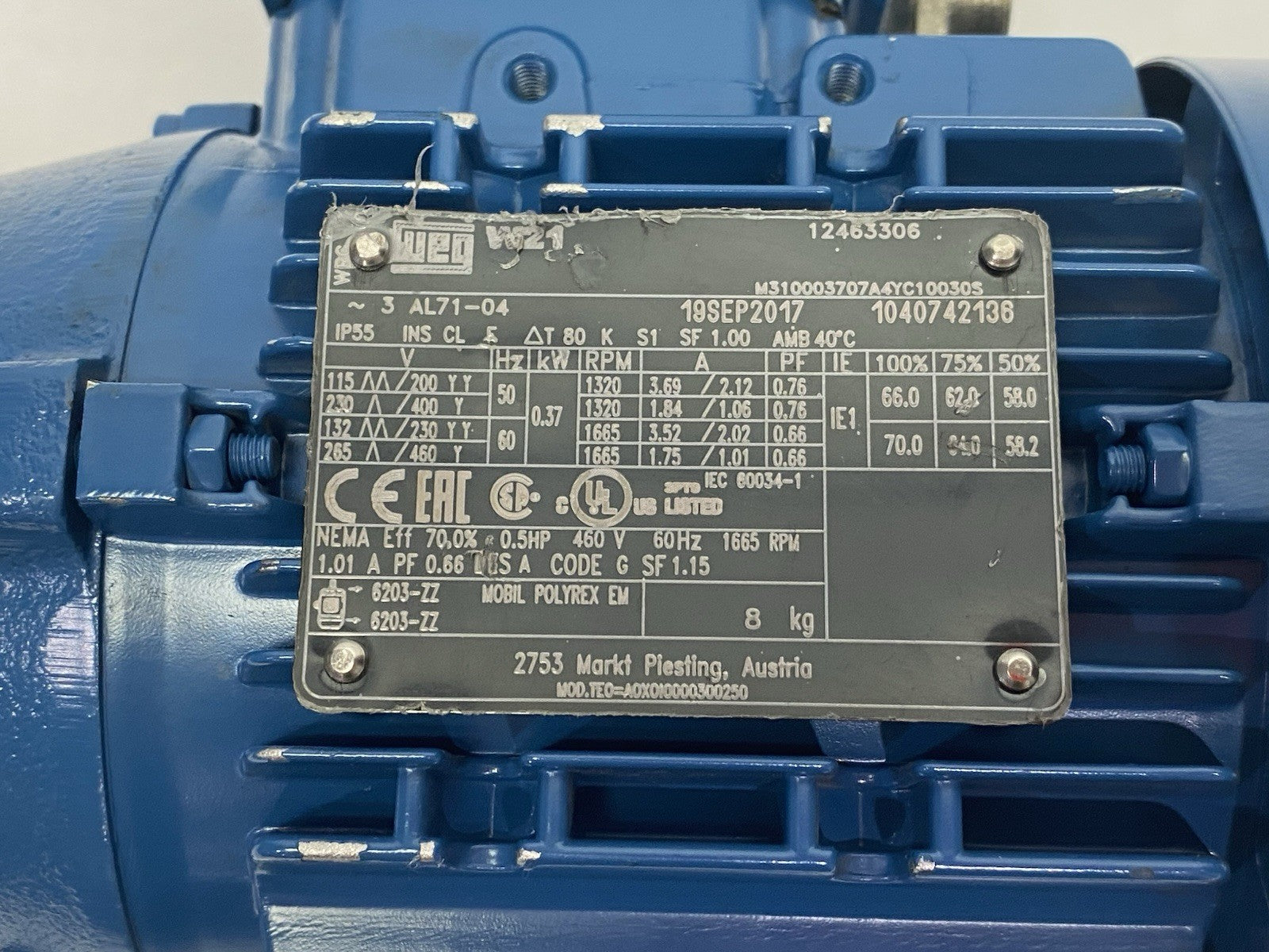 WEG W21 AL71-04 Induction Motor 3-Phase IP55 0.5HP 460V 60Hz 1665rpm - Maverick Industrial Sales