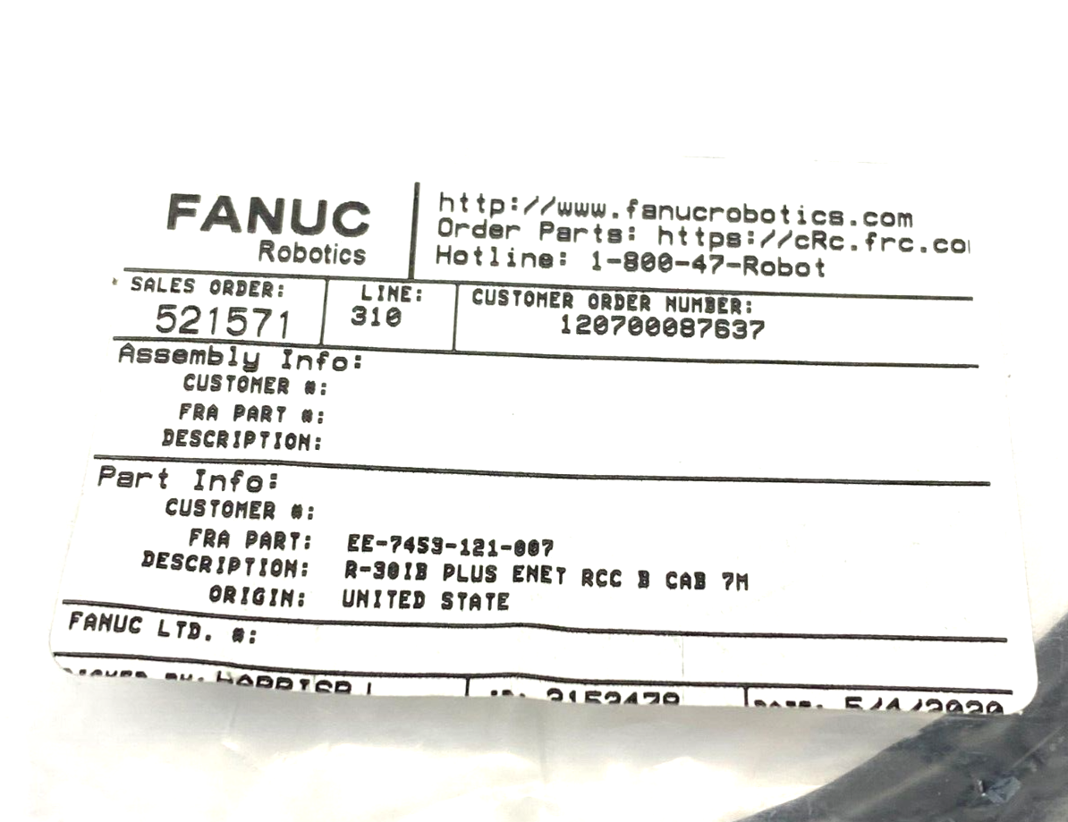 Fanuc EE-7453-121-007 Rev A R-30IB Plus Ethernet Robot Control Cable 7m Length - Maverick Industrial Sales