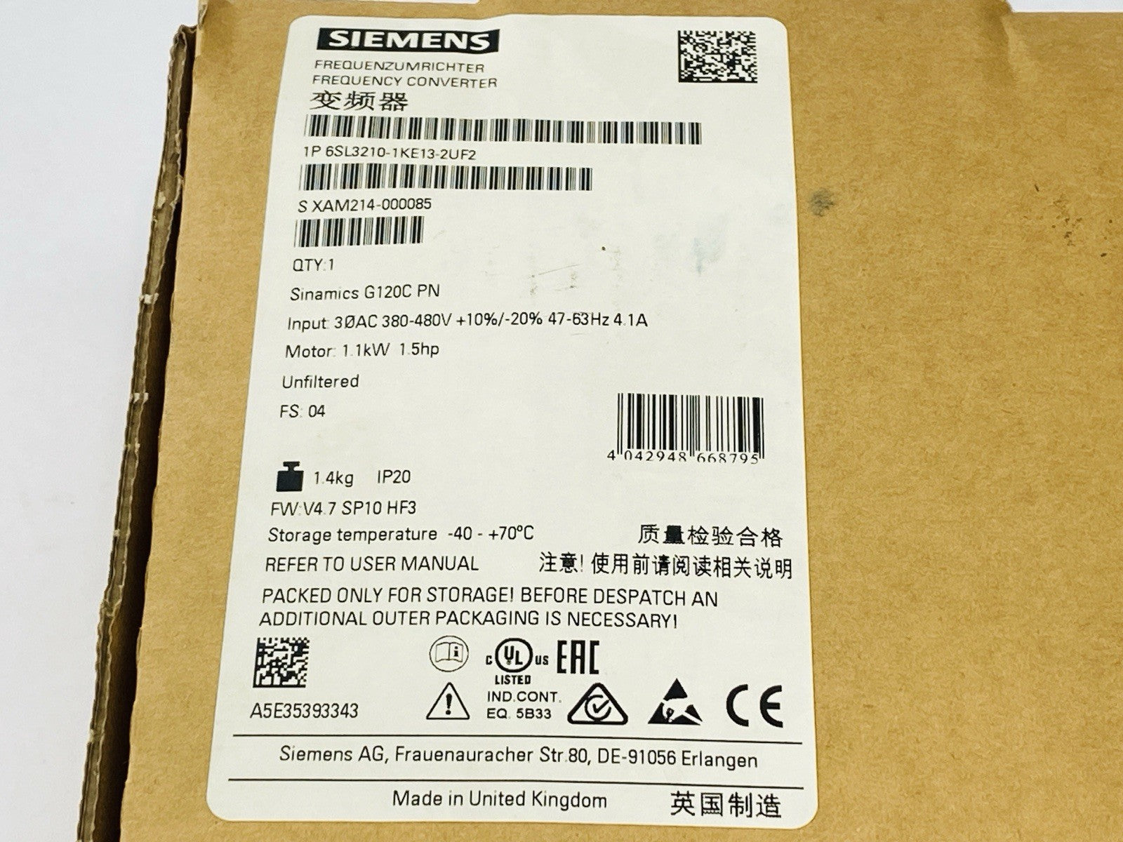 Siemens 6SL3210-1KE13-2UF2 SINAMICS Frequency Converter 1.1kW 1.5HP G120C PN - Maverick Industrial Sales