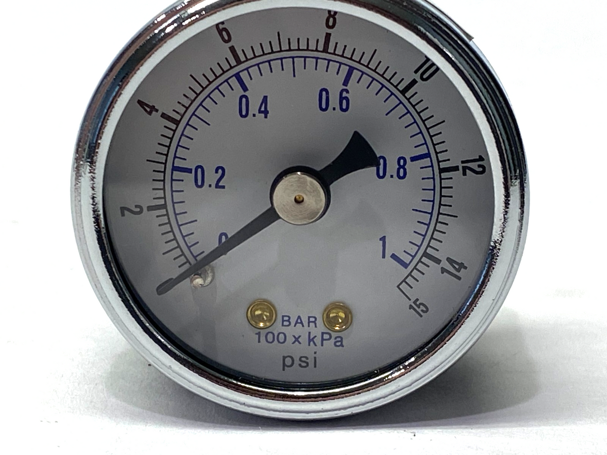 PIC Gauges 102D-158B Pressure Gauge 1-1/2 Dia. 1/8" NPT, Brass Back, 0-15PSI - Maverick Industrial Sales
