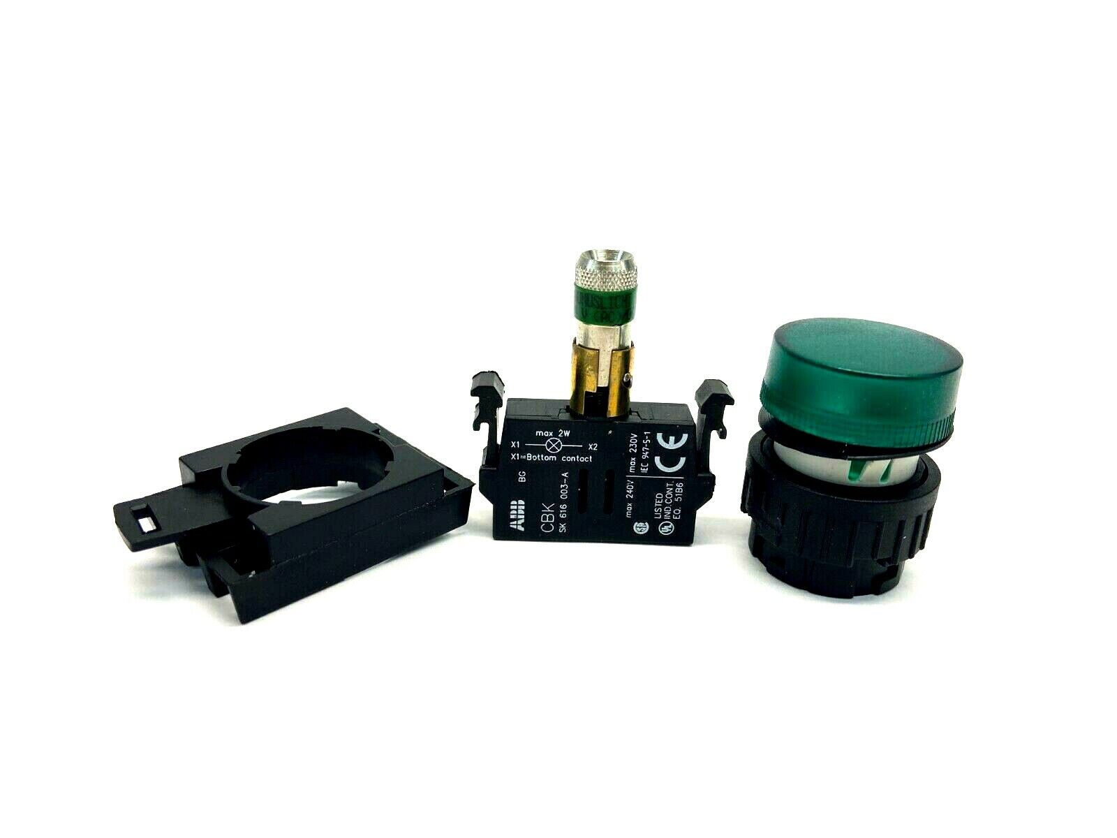 ABB KL1-100G Green Pilot Light Head w/ KCBH-001 Lamp Block and Holder - Maverick Industrial Sales