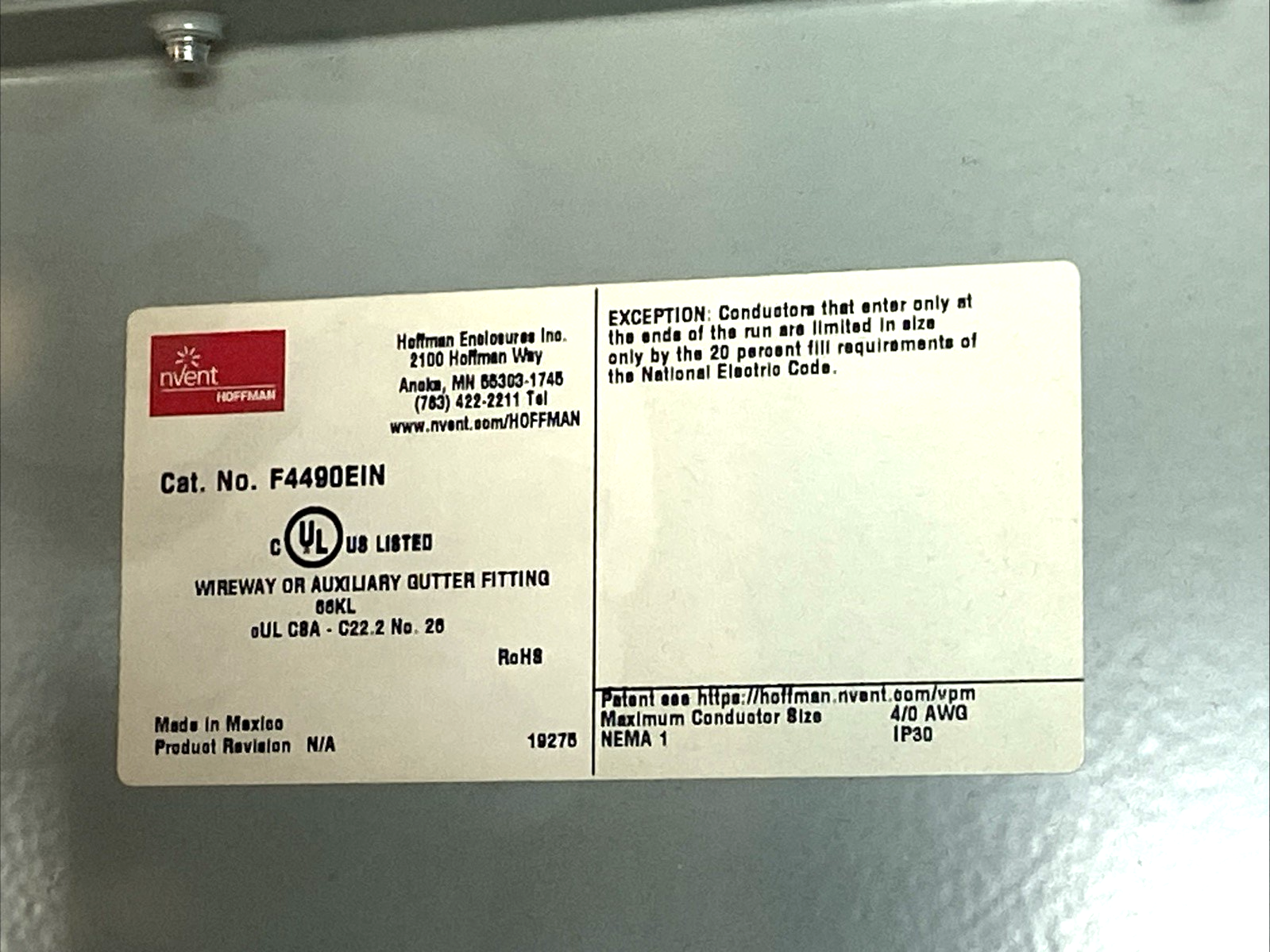 F4490EIN | Hoffman Elbow Wireway 90° Steel Gray w/ F44GPA - New – Open box - Maverick Industrial Sales