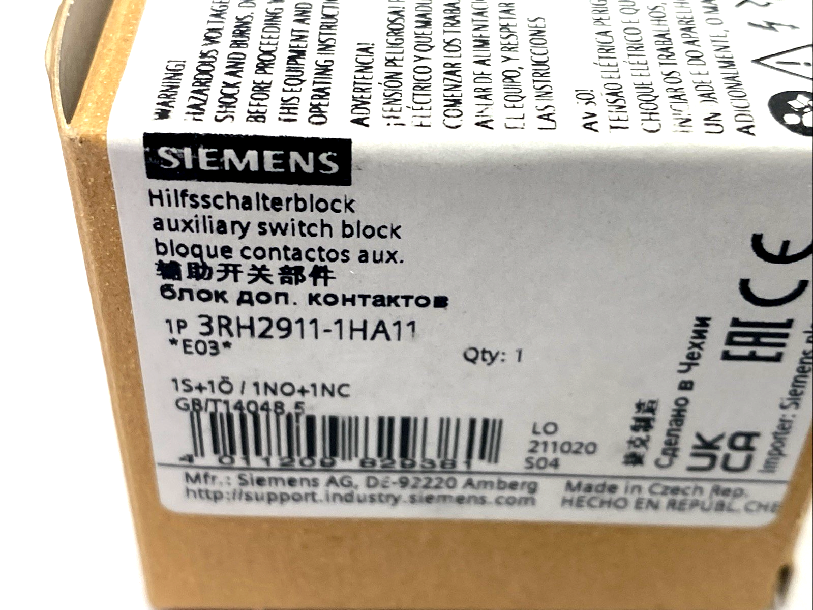 Siemens 3RH2911-1HA11 Auxiliary Switch Block 1 NO + 1 NC, For 3RT2 & 3RH2 - Maverick Industrial Sales