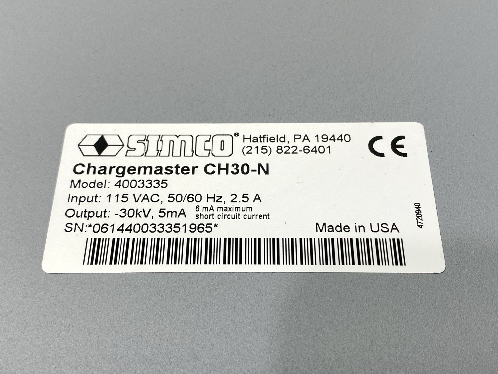 CH30-N | Simco Chargemaster Electrostatic Generator -30kV 5mA 4003335 - Used - Maverick Industrial Sales