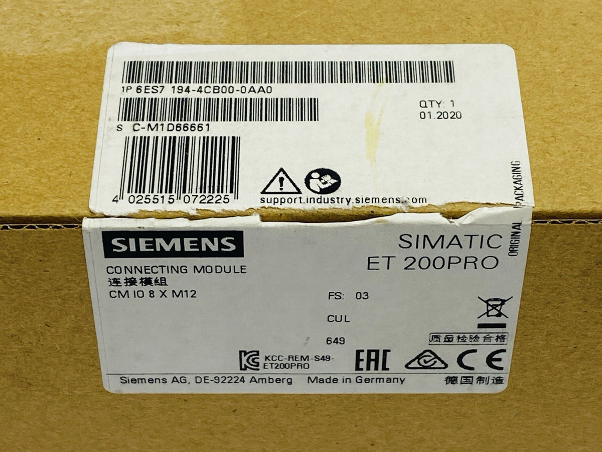Siemens 6ES7194-4CB00-0AA0 SIMATIC ET 200PRO Connecting Module CM IO 8xM12 - Maverick Industrial Sales