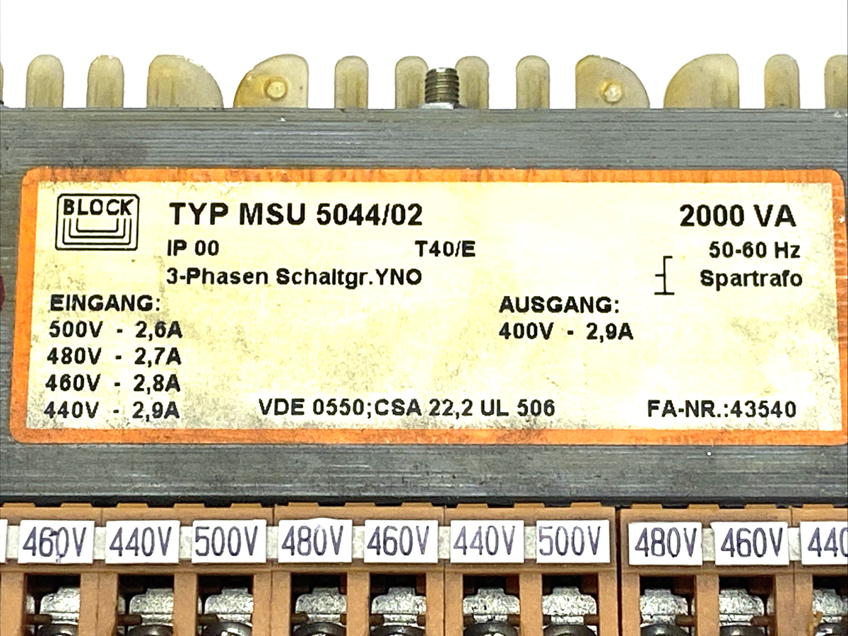 BLOCK MSU 5044/02 Auto Transformer 408VA 500V to 230V 50/60Hz - Maverick Industrial Sales