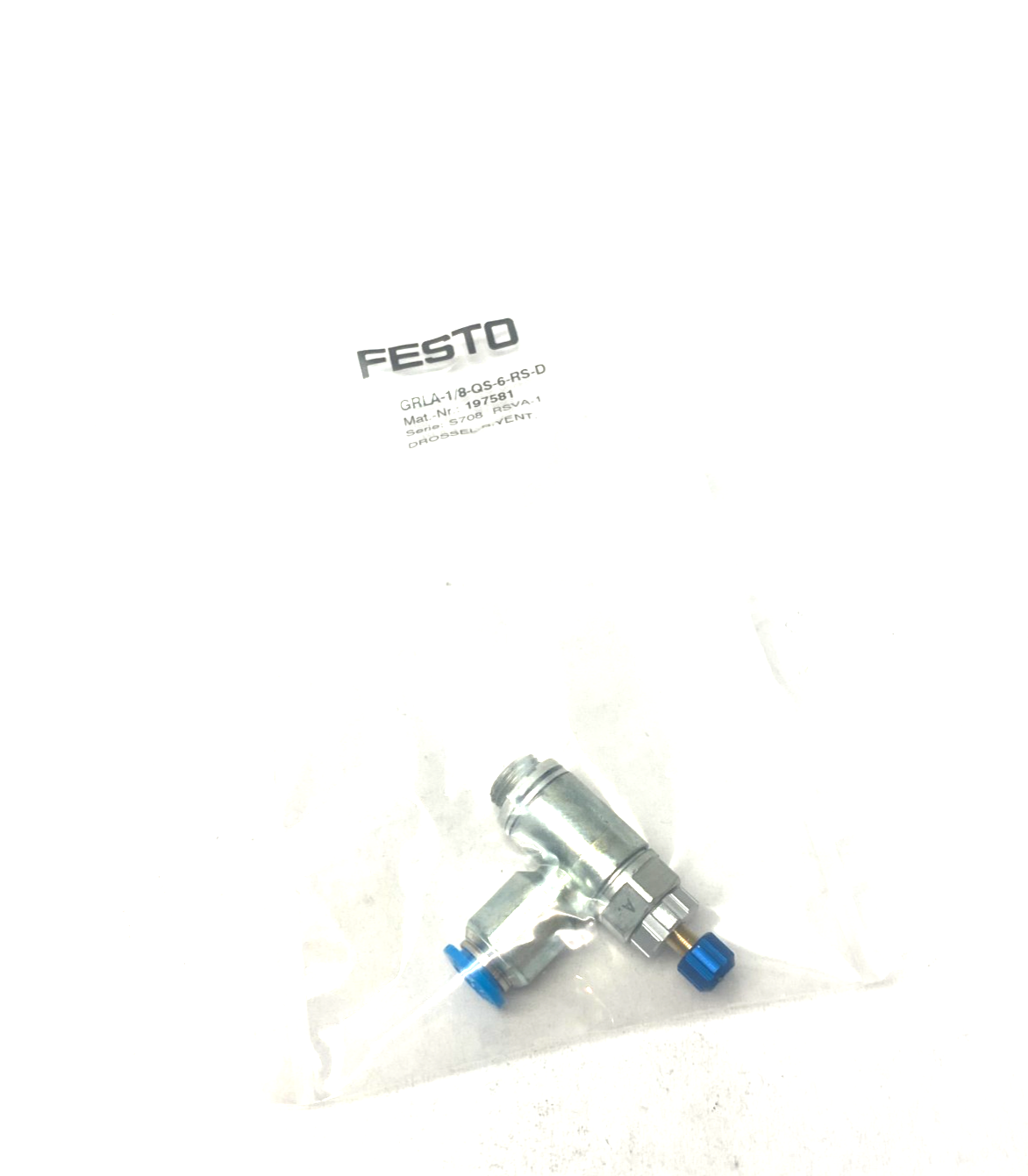 Festo GRLA-1/8-QS-6-RS-D One-Way Flow Control Valve Fitting 6mm Tube OD 197581 - Maverick Industrial Sales